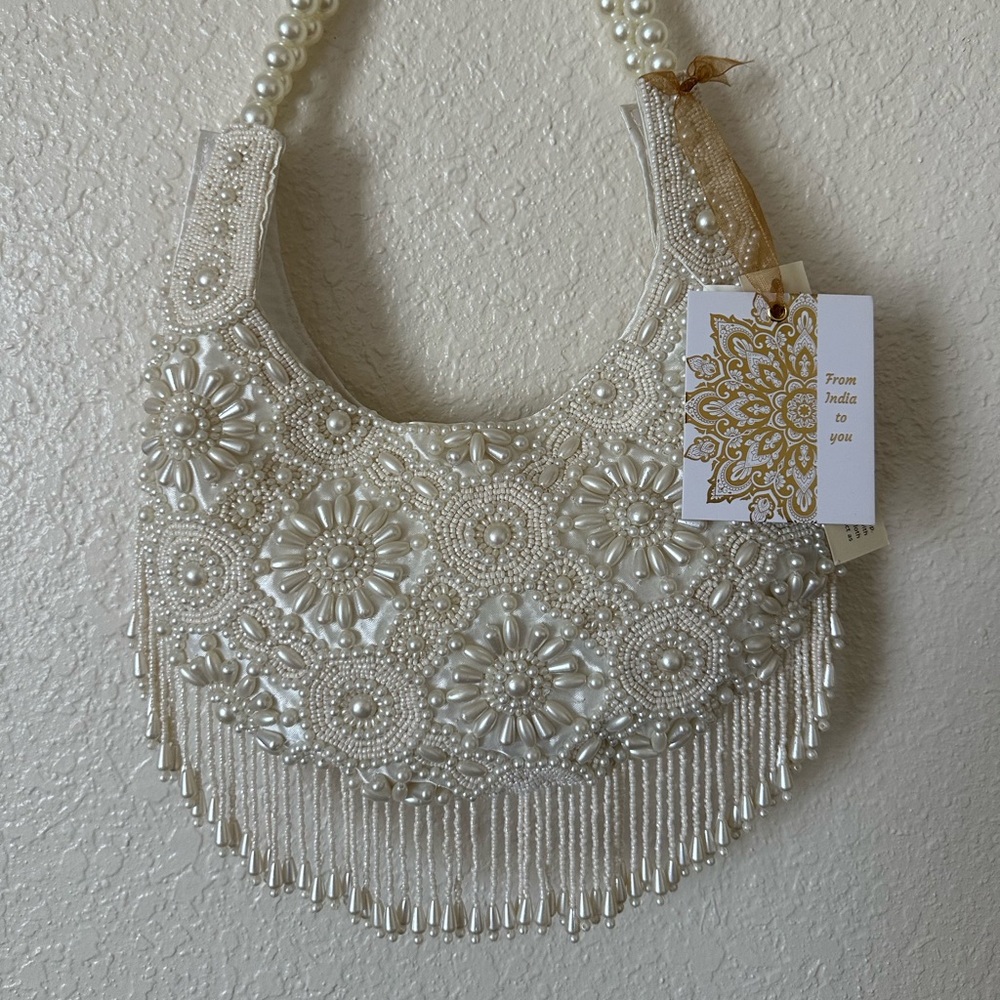 Elegant Pearl Beaded White Handbag
